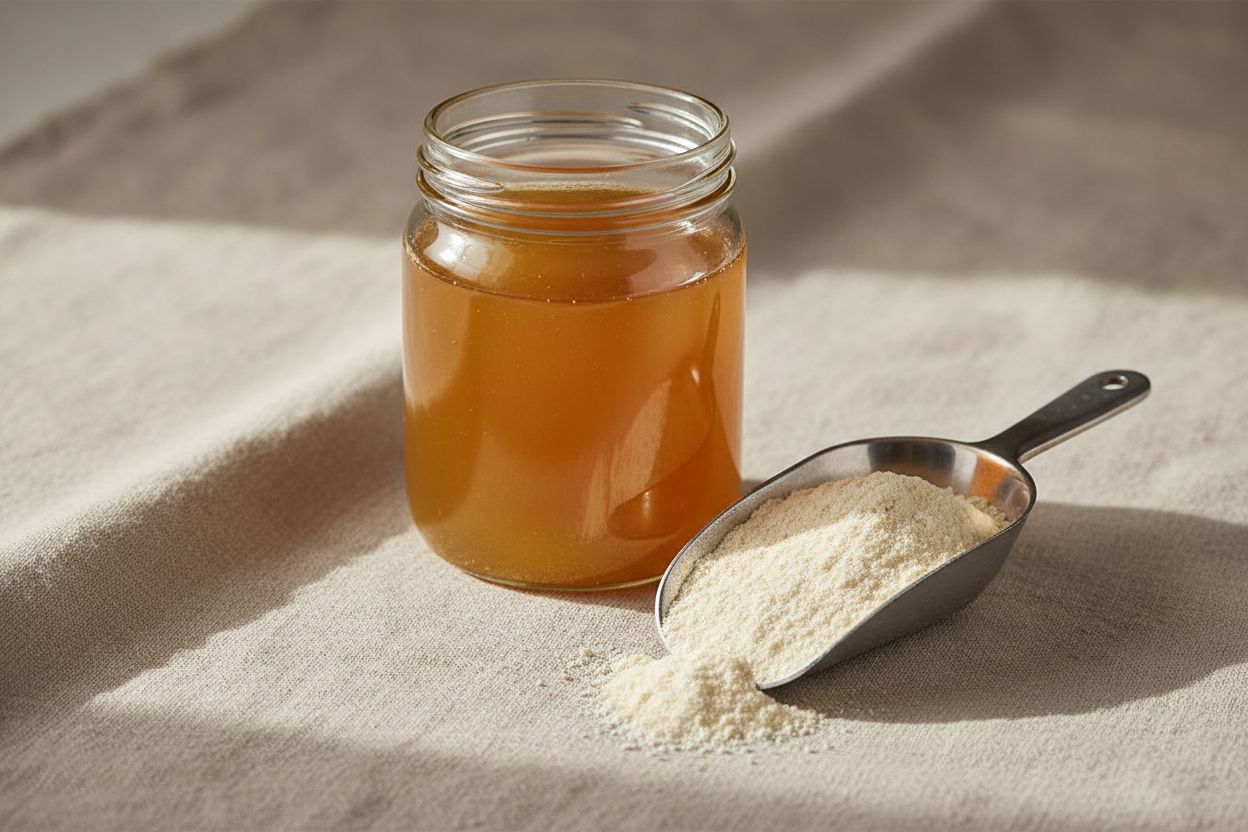 Nærbilde av flytende maltekstrakt i glass og tørr spraymalt på lyst underlag