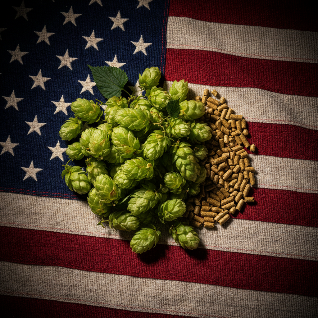 Amerikansk humle – humlepellets og humlekongler på USA-flagg