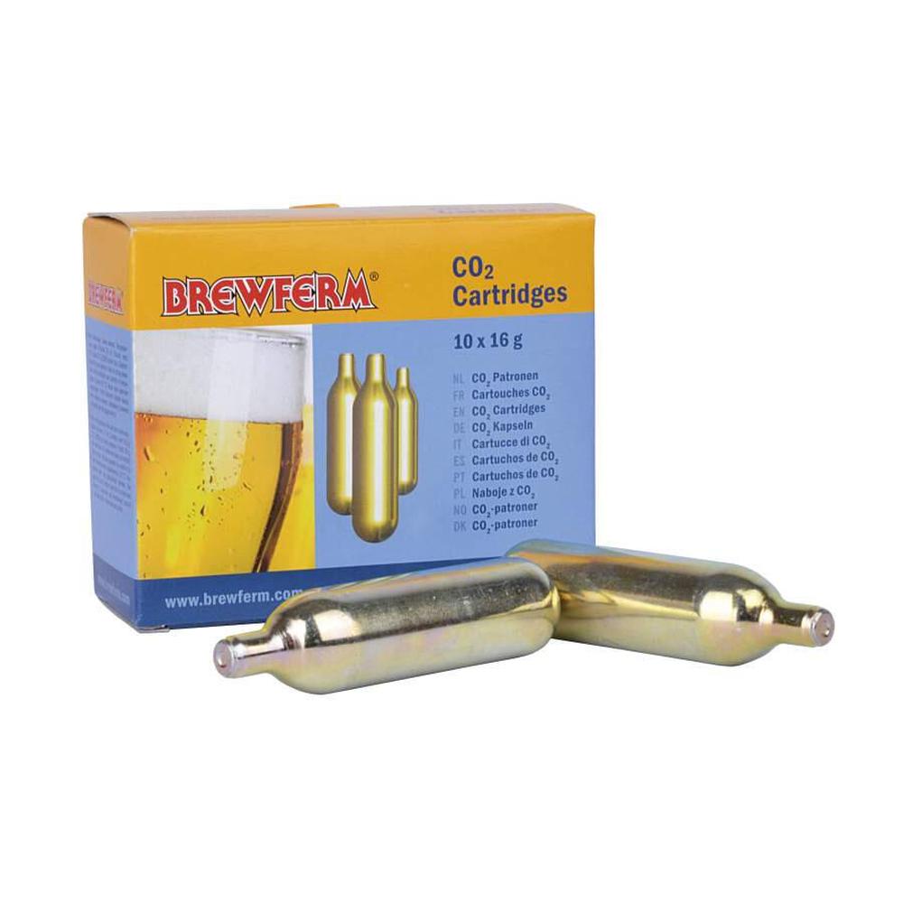 Brewferm CO2 patroner 10 x 16g, sølvfargede uten gjenger, med gul og blå emballasje.