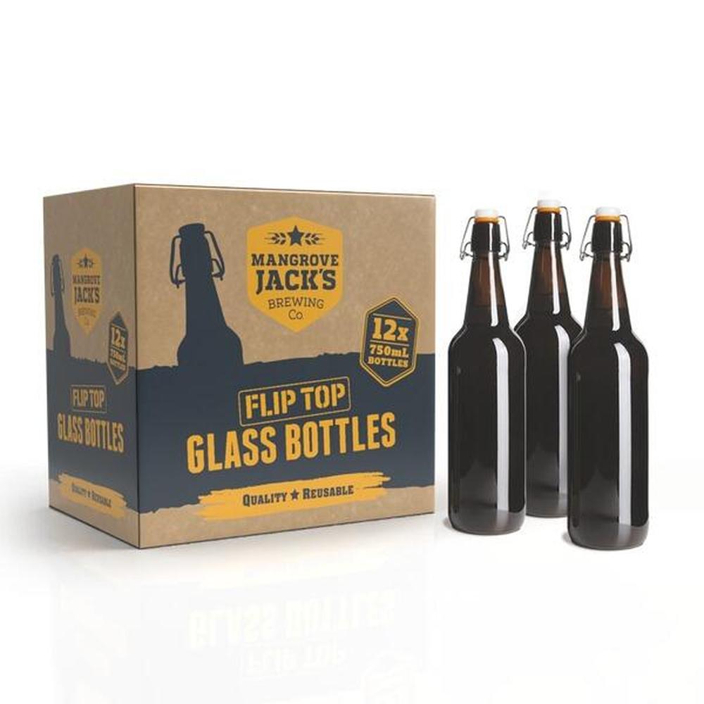 Mangrove Jack's 12-pakning brune 750 ml patentflasker i glass med flip-top lokk for hjemmebrygging.
