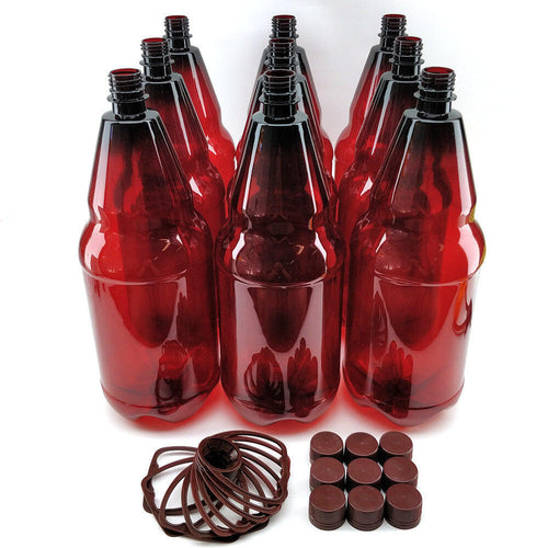 Brun 2,5 liters PET-flaske med kork og håndtak for hjemmebrygg.