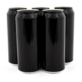 Fem blanke, sorte 500 ml ølbokser i aluminium, uten lokk, arrangert i en gruppe.