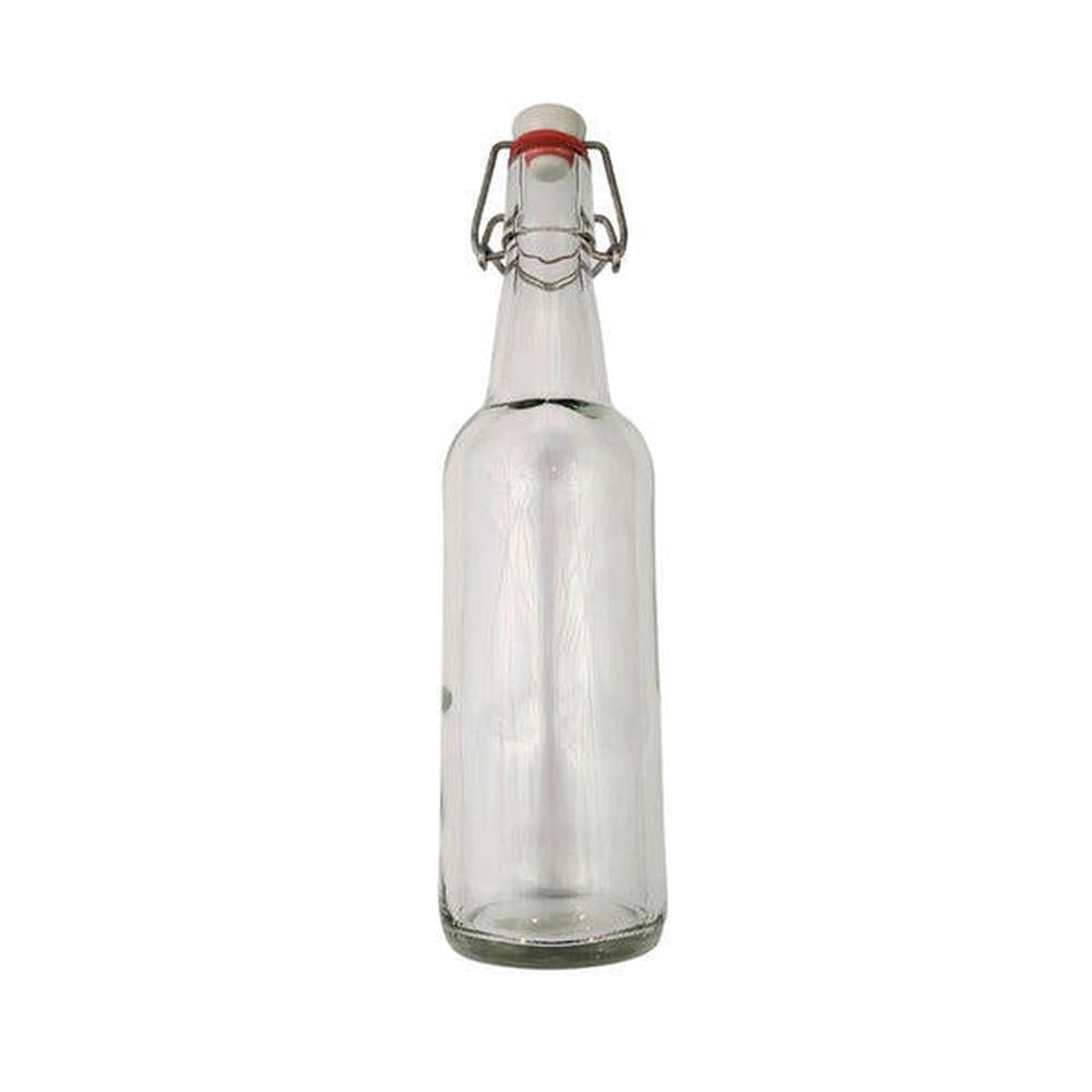 Klar 500 ml glassflaske med rød swing-top lukking, perfekt for øl og drikke.