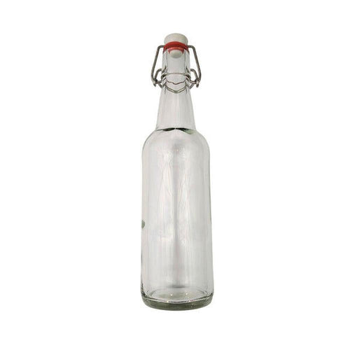 Klar 500 ml glassflaske med rød swing-top lukking, perfekt for øl og drikke.