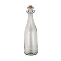 Klar 750 ml patentflaske i tykt glass med swing-top lukking og rød gummipakning.