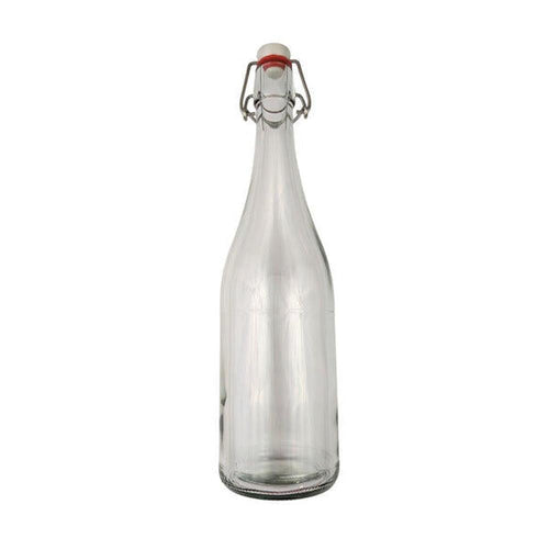 Klar 750 ml patentflaske i tykt glass med swing-top lukking og rød gummipakning.