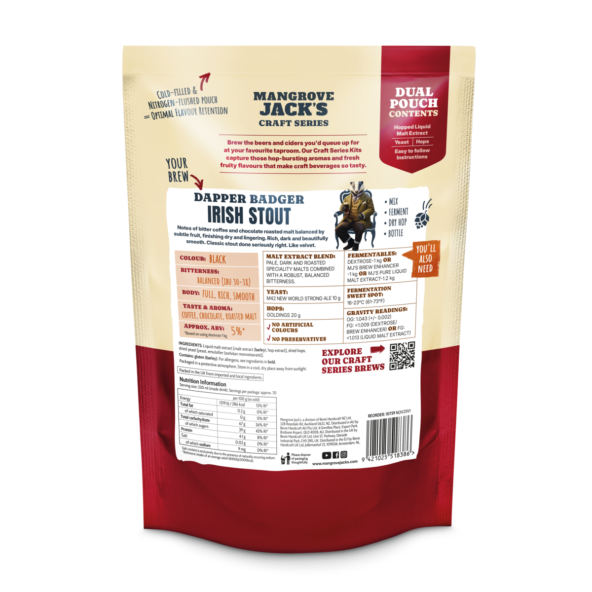 Baksiden av Mangrove Jack's Craft Series Dapper Badger Irish Stout med ingredienser og bryggeinfo