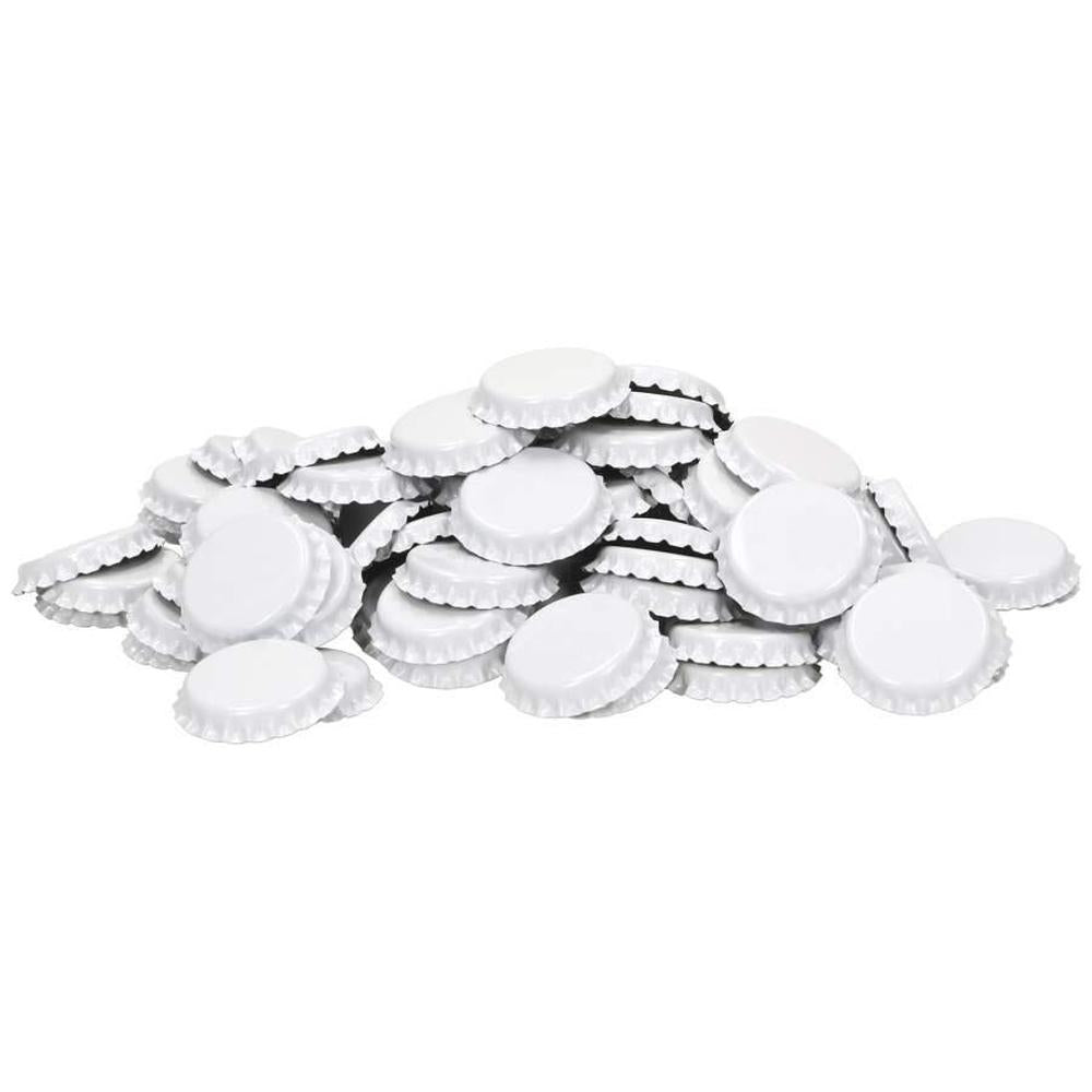 Hvite flaskekapsler 26 mm, 100 stk i metall med plastinnlegg for sikker forsegling av glassflasker.