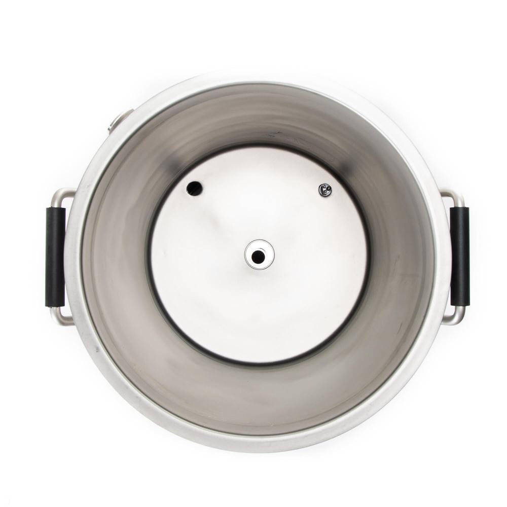 Brewtools B25 bryggemaskin i rustfritt stål, sett ovenfra med svarte håndtak.