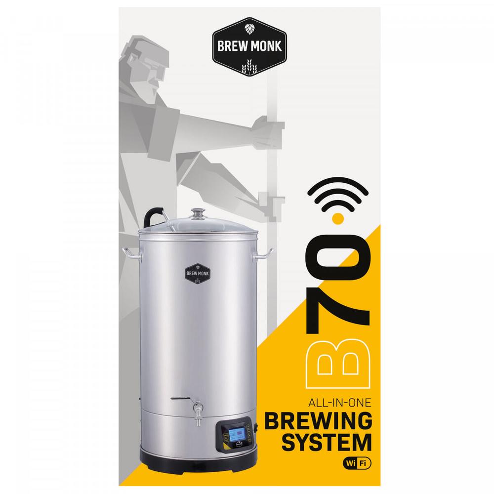 Brew Monk B70 Wi-Fi bryggesystem i rustfritt stål med digitalt display og lokk.