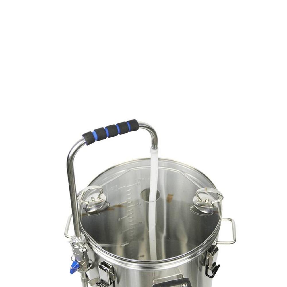BrewZilla 35 Gen 4.1 bryggeapparat i rustfritt stål med sikteglass, justerbare klemmer og håndtak.