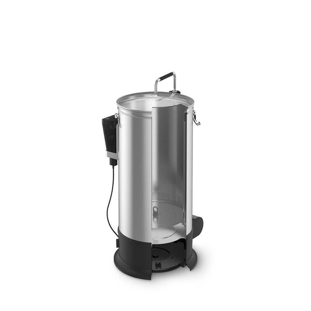 Grainfather Connect G30 V3 bryggemaskin i rustfritt stål med sort base og åpen kornkurv.