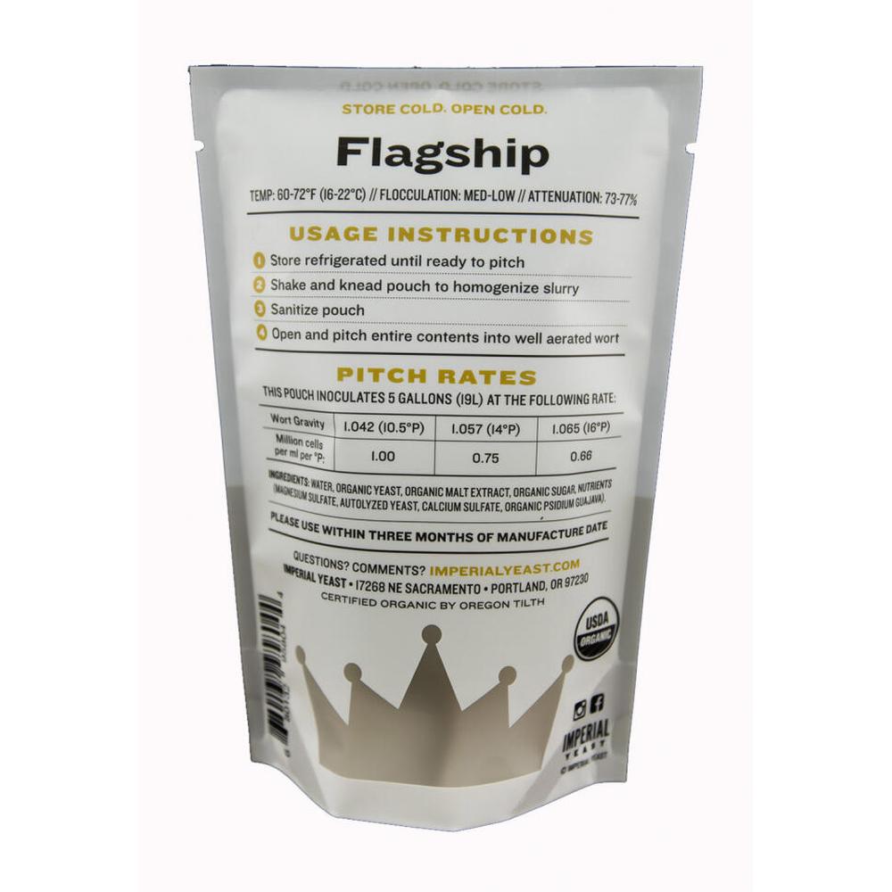 Imperial Yeast Flagship flytende gjærpose for hjemmebrygging, hvit med svart tekst og gullkrone.