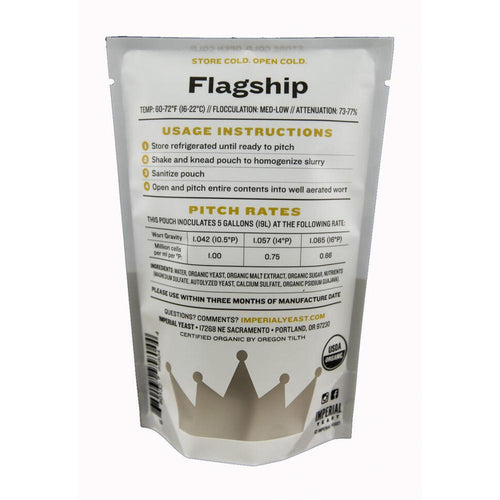 Imperial Yeast Flagship flytende gjærpose for hjemmebrygging, hvit med svart tekst og gullkrone.