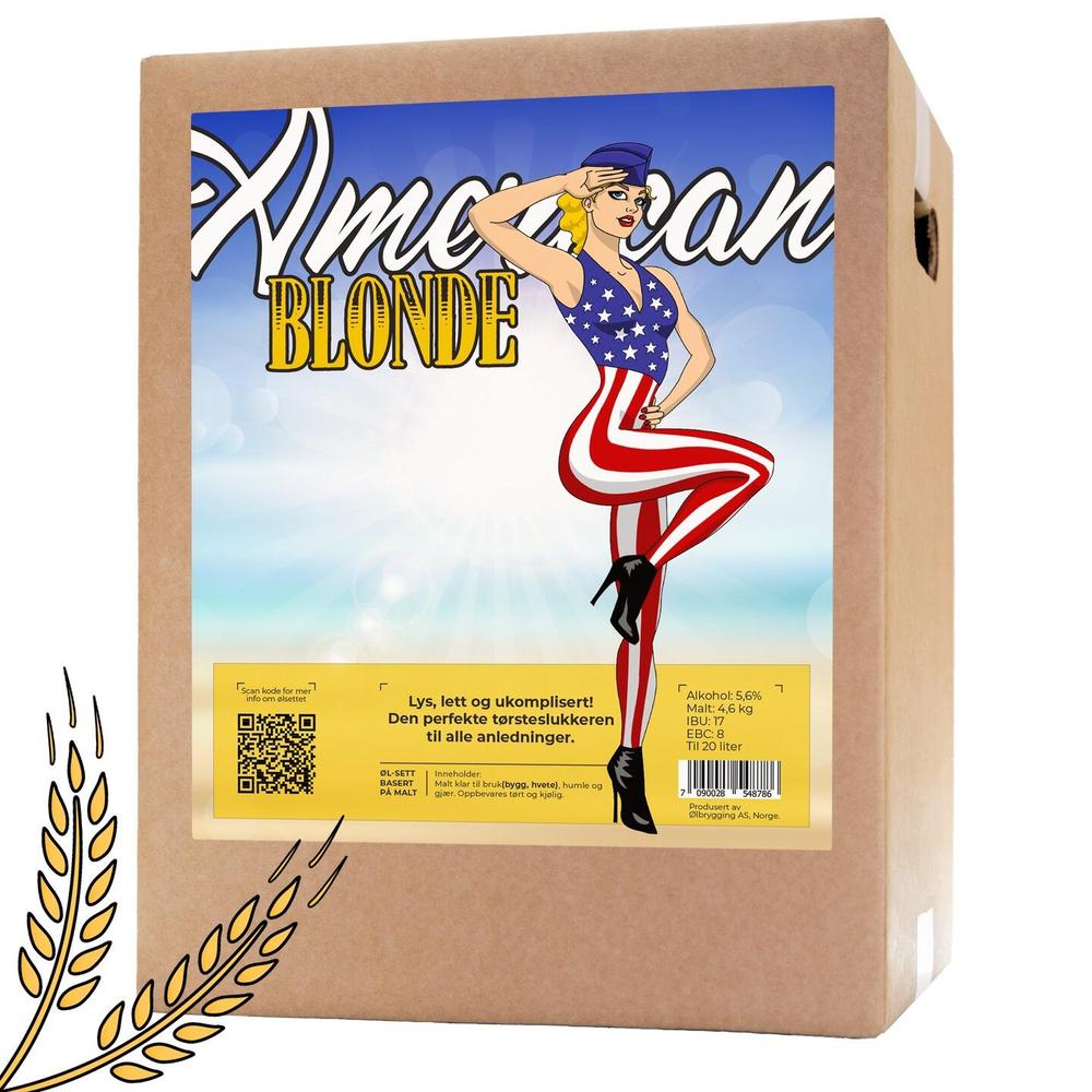 American Blonde allgrain ølsett 20L i pappeske med etikett av pin-up dame.