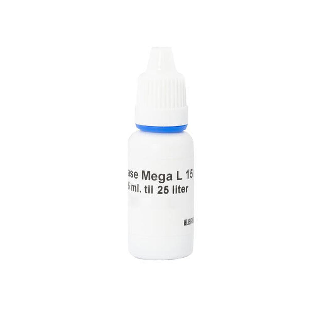 Amigase Mega L 15ml enzym for lavkarbo øl, hvit flaske med blå ring.