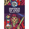 Amundsen Emperor of Sand Imperial Stout øletikett med fargerik illustrasjon av skjelett og timeglass.