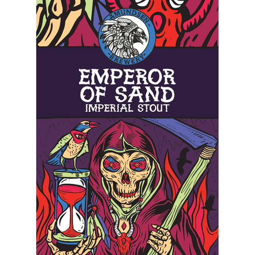 Amundsen Emperor of Sand Imperial Stout øletikett med fargerik illustrasjon av skjelett og timeglass.