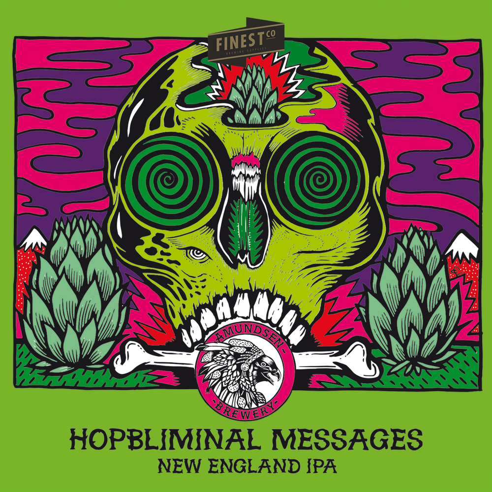 Fargerik illustrasjon av en grønn hodeskalle med humle og Amundsen Brewery-logo, for Hopbliminal Messages NEIPA.
