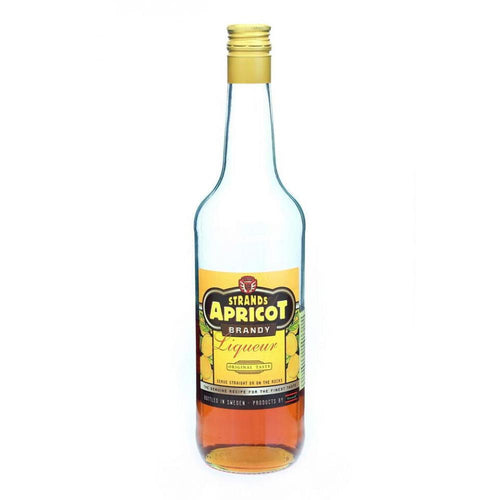 Strands Aprikos Brandy Liqueur 0,5 L flaske med gyllen kork og oransje væske.