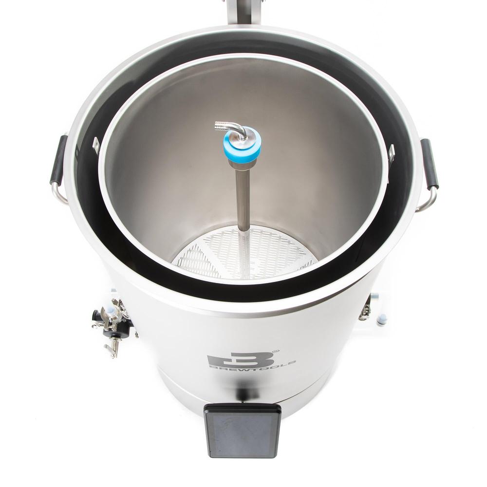 Brewtools B100 bryggemaskin i rustfritt stål med innvendig maltrør og blå detaljer.