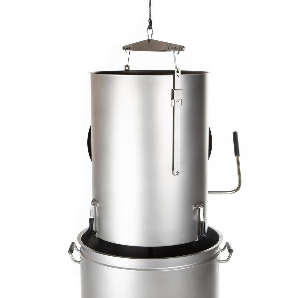 B100 Bryggemaskin i rustfritt stål med hengslet maltrør for enkel tømming.