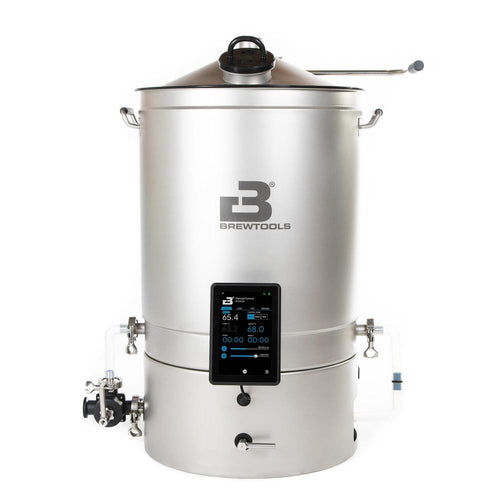 Brewtools B100 bryggemaskin i rustfritt stål med berøringsskjerm og integrert kjølekappe.