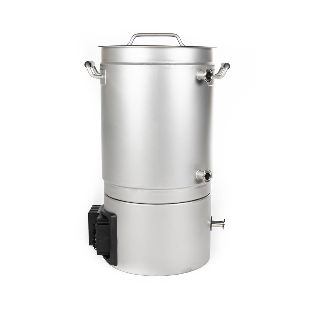 Brewtools B25 bryggemaskin i rustfritt stål med håndtak og ventiler, for hjemmebrygging.