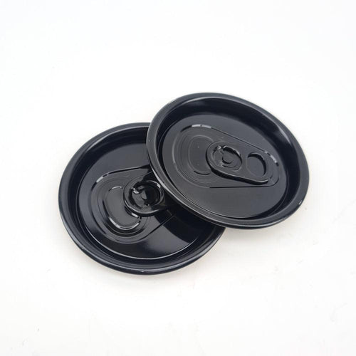 To sorte B64 ølbokslokk med ringåpner, kompatible med Cannular boksemaskin.