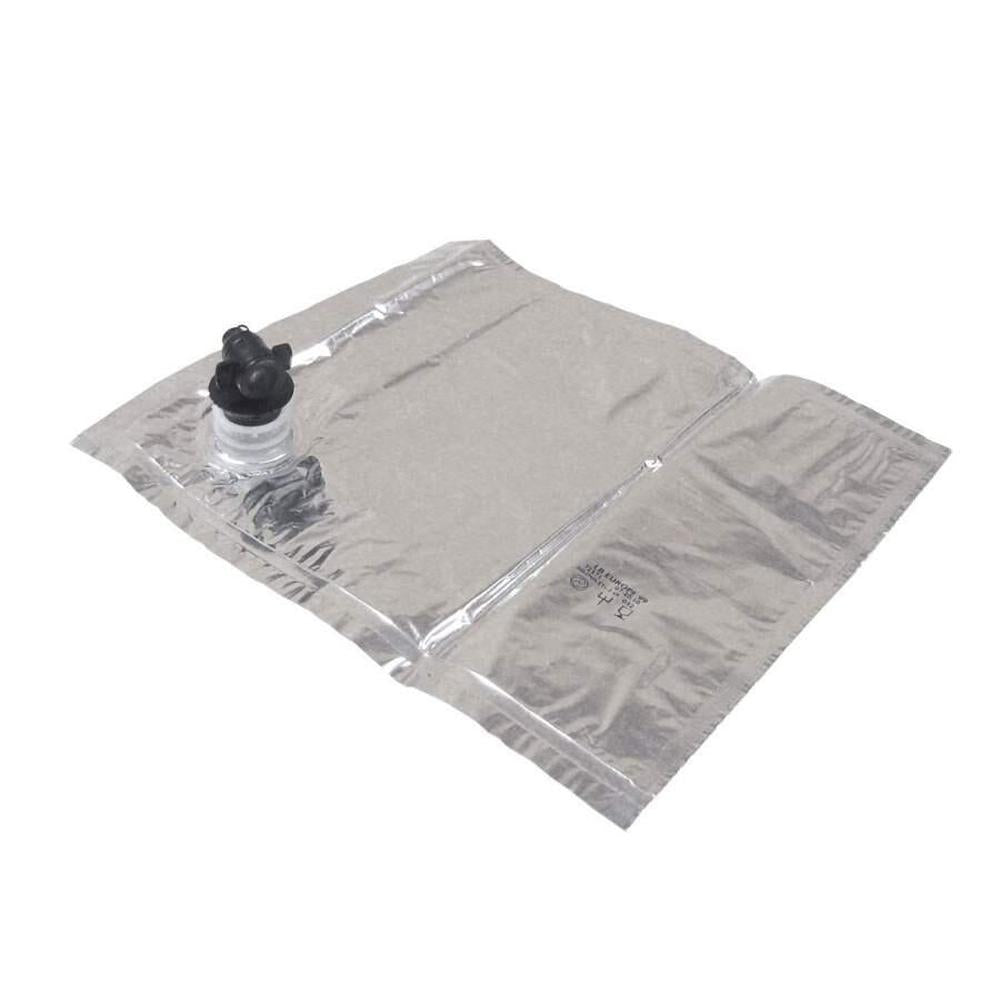 Sølvfarget 10L Bag-in-Box aluminiumspose med tappekran, ideell for vin.