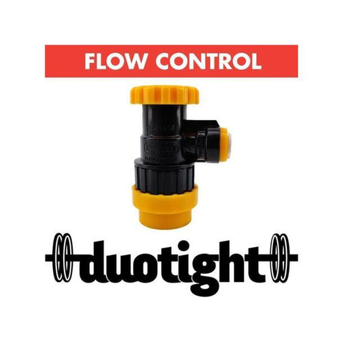 Ball Lock med Flow Control 8mm Duotight hurtigkobling, svart og gul polyketone-plast.