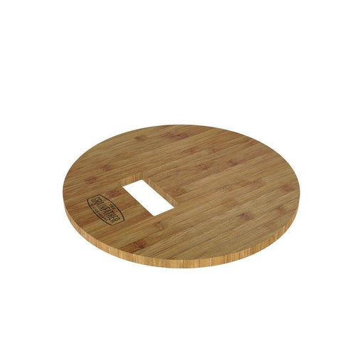 Grainfather mølle baseplate i lyst tre med logo, rund form og rektangulær åpning.