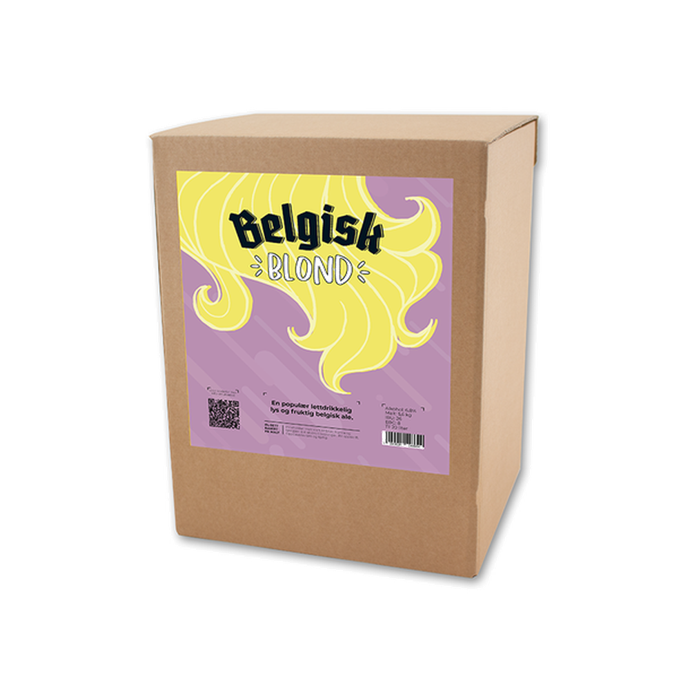 Belgisk Blonde allgrain ølsett 20 liter i pappeske med lilla og gul etikett.