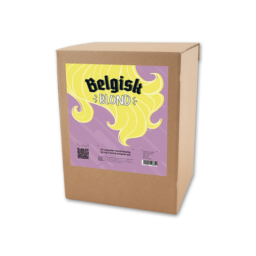 Belgisk Blonde allgrain ølsett 20 liter i pappeske med lilla og gul etikett.