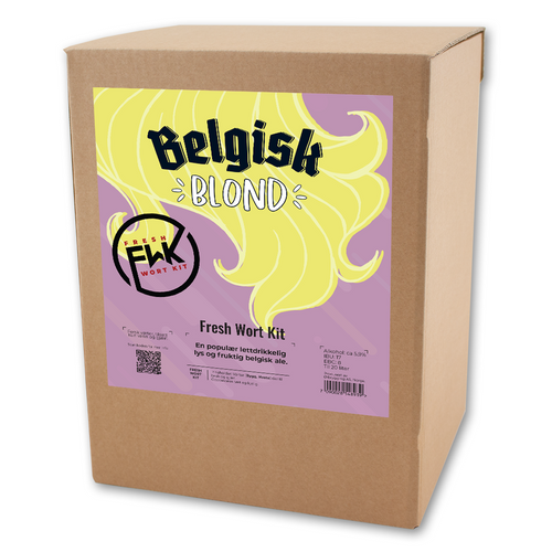 Belgisk Blonde Fresh Wort Kit for 20L øl i pappeske med lilla og gul etikett.