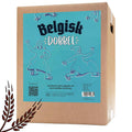 Belgisk Dobbel allgrain ølsett for 20 liter, med turkis etikett og tegninger av munker.