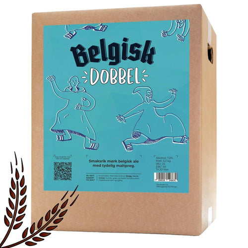 Belgisk Dobbel allgrain ølsett for 20 liter, med turkis etikett og tegninger av munker.