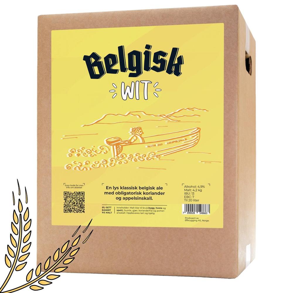 Belgisk Wit allgrain ølsett i pappeske med illustrasjon av båt og tekst.