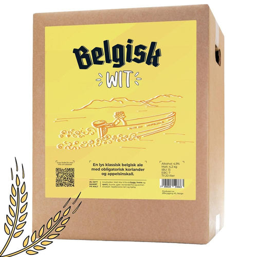 Belgisk Wit allgrain ølsett i pappeske med illustrasjon av båt og tekst.