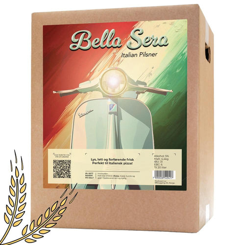 Bella Sera Italian Pilsner ølsett 20 liter, med Vespa-motiv og hveteaks.