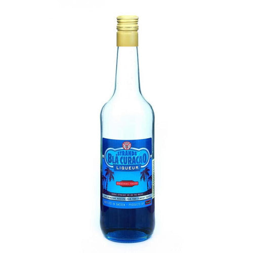 Strands Blå Curacao likør, 0,5 L flaske med blå væske og gullkork.