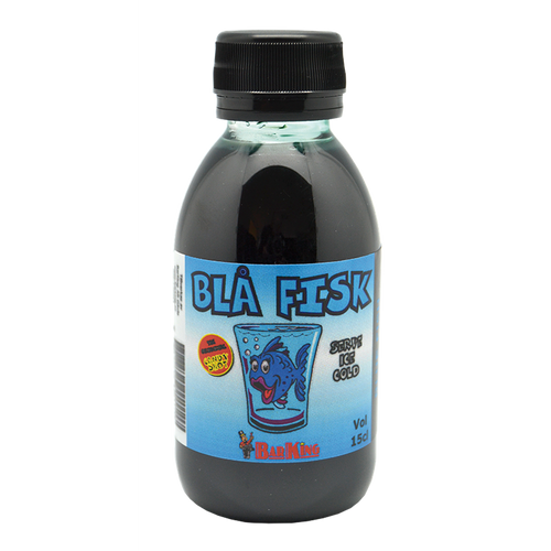 Blå Fisk Candy Shot konsentrat i 15cl flaske med svart kork.