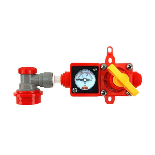 Rød Blowtie Spunding Valve Kit med manometer og gul justeringsskrue for trykkregulering.