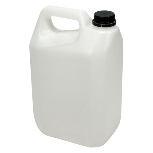 Hvit 5-liters PE-kanne med svart 40 mm kapsel og håndtak.