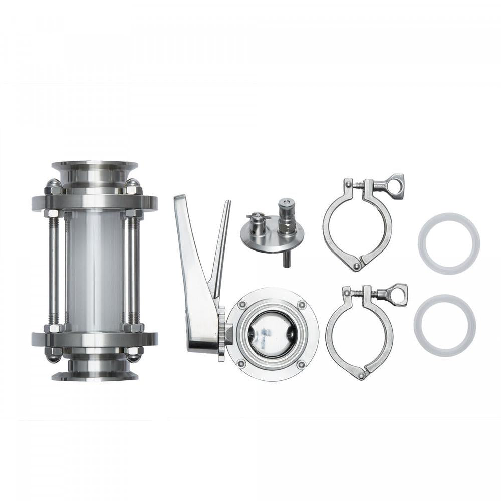 Brew Monk 2" TC Hop Drop Kit i rustfritt stål for oksygenfri tørrhumling, med siktglass og ventiler.