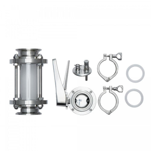 Brew Monk 2" TC Hop Drop Kit i rustfritt stål for oksygenfri tørrhumling, med siktglass og ventiler.