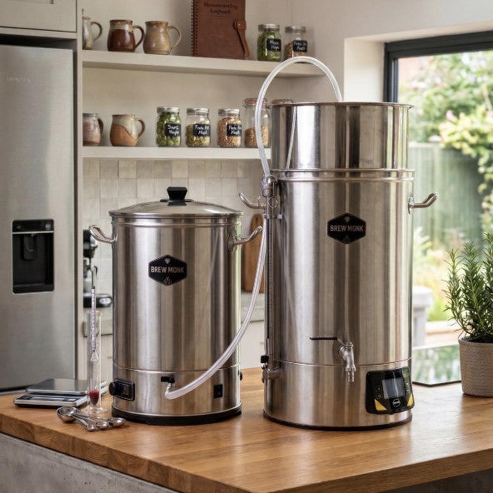 Brew monk skllevannskjeler og brewmonk bryggemaskin på en kjøkken øy med eik / lys brun benkeplate