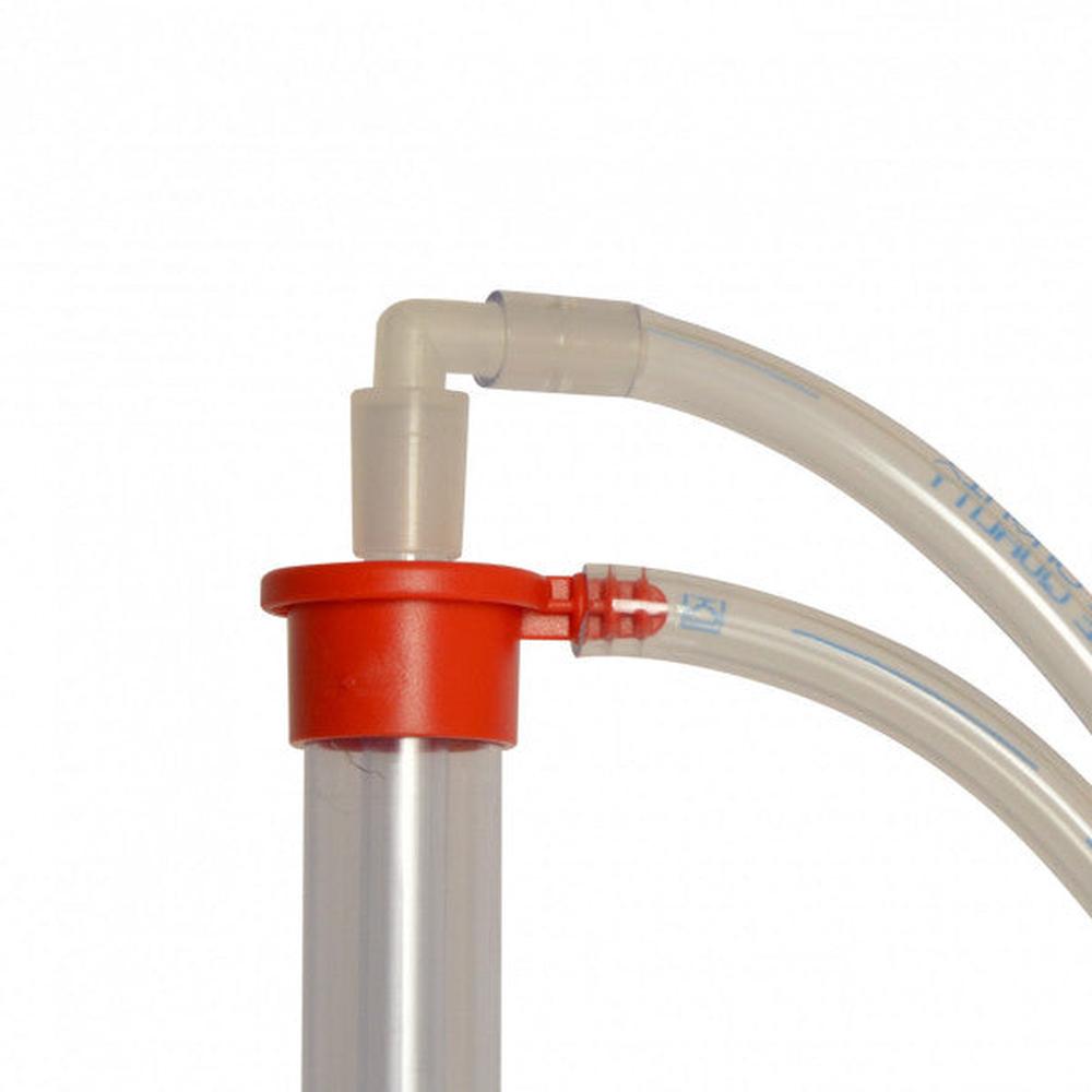 Brewferm Flow'in Small 35 cm automatisk hevert med flaskefyller, rød topp og gjennomsiktig slange.