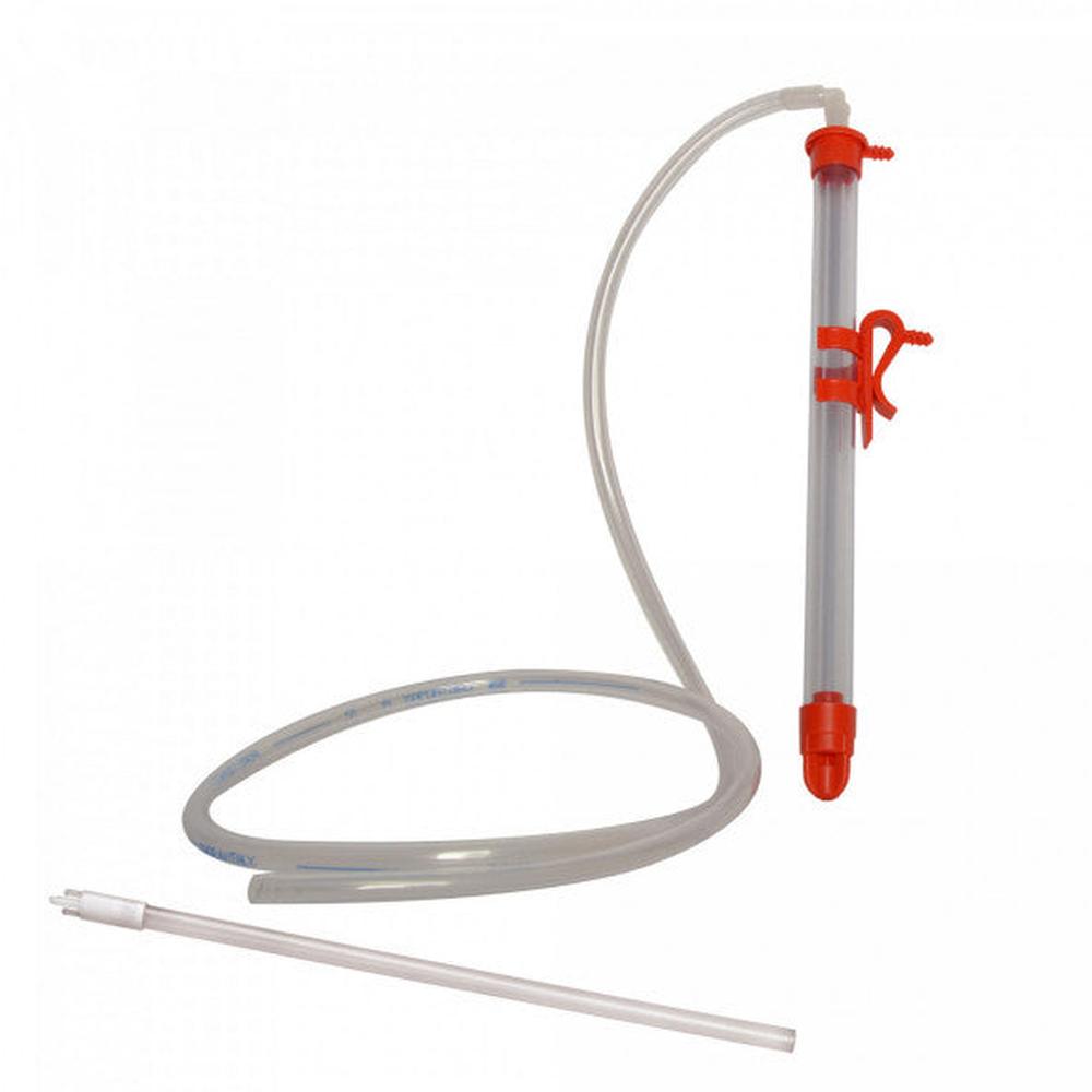 Brewferm Flow'in Small automatisk hevert med flaskefyller, 35 cm, gjennomsiktig PVC og røde detaljer.