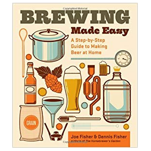 Boken "Brewing Made Easy" med illustrasjoner av bryggeutstyr og ingredienser.